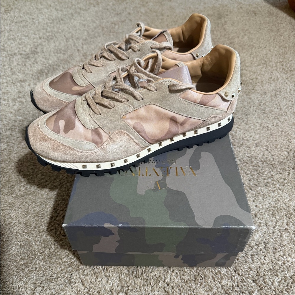 Valentino Beige Camouflage Studded Runner Sneakers